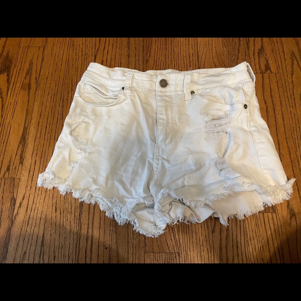 White high waisted distressed denim shorts